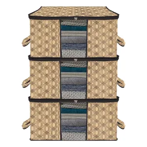 Kuber Industries Underbed Storage Bag | Clothes Storage Organizer | Blanket Cover with Clear Window | Zipper Closure & Handle Cloth Organizer | Check-Design | Large | Pack of 3 | Coffee