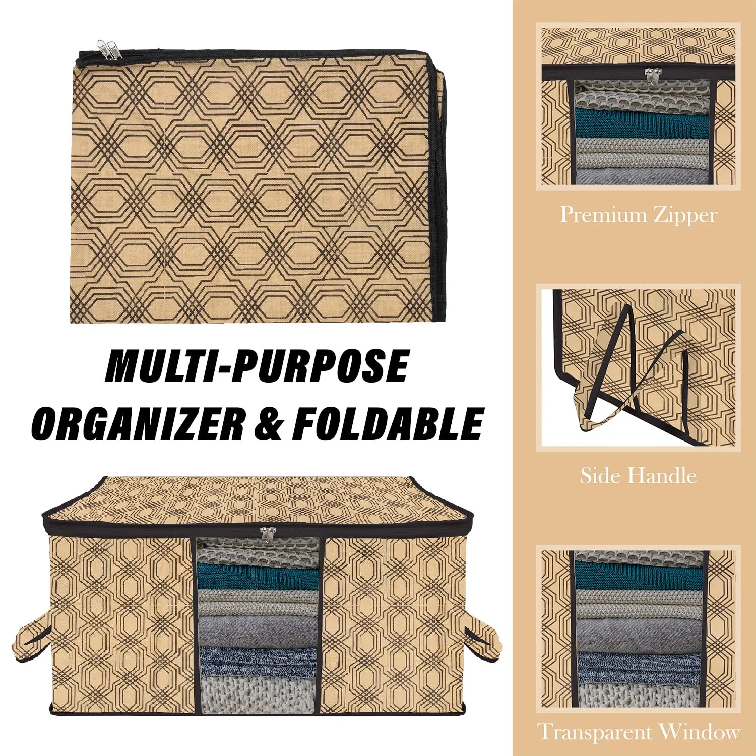 Kuber Industries Underbed Storage Bag | Clothes Storage Organizer | Blanket Cover with Clear Window | Zipper Closure & Handle Cloth Organizer | Check-Design | Large | Pack of 3 | Coffee