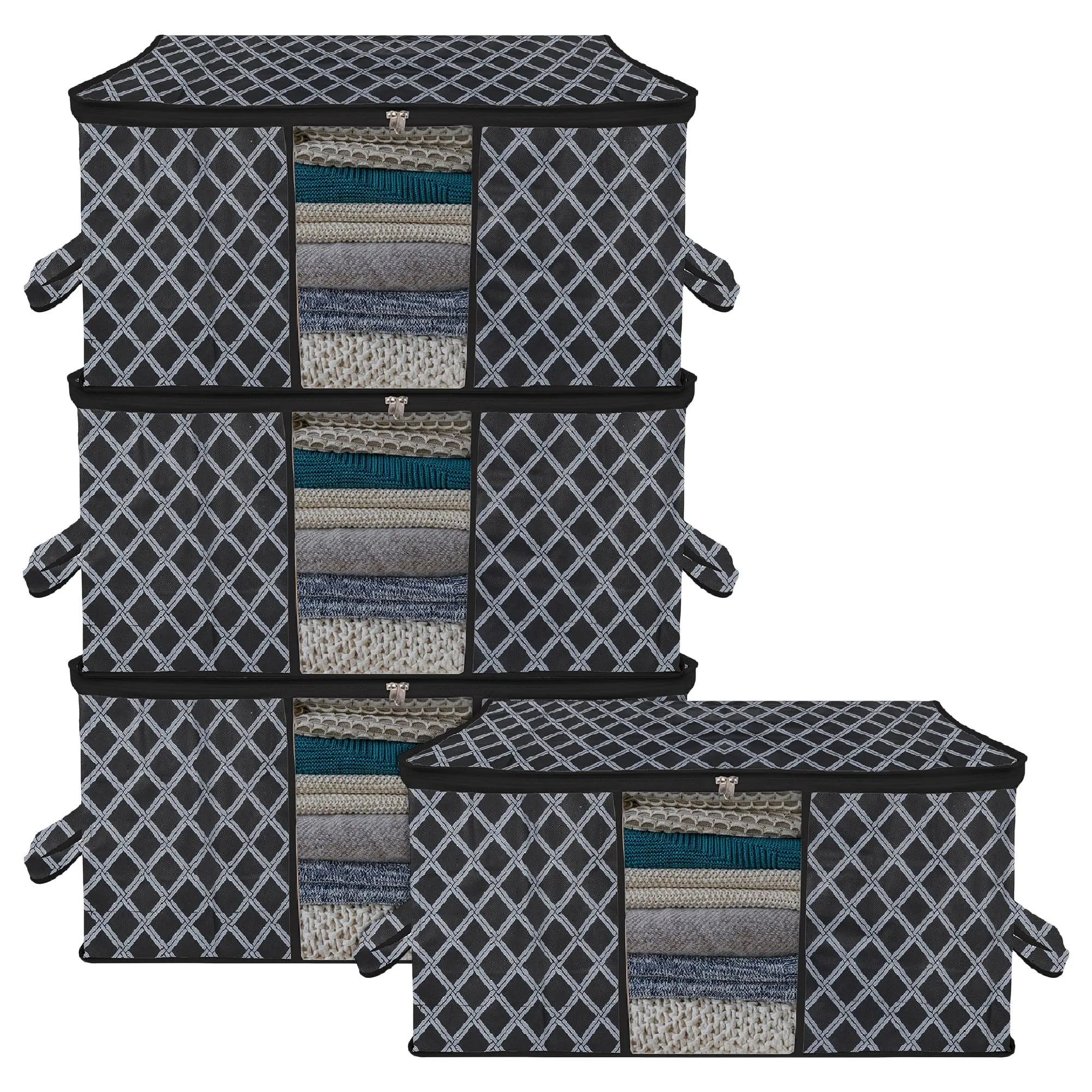 Kuber Industries Underbed Storage Bag | Clothes Storage Organizer | Blanket Cover with Clear Window | Zipper Closure & Handle Cloth Organizer | Check-Design | Large | Pack of 4 | Black