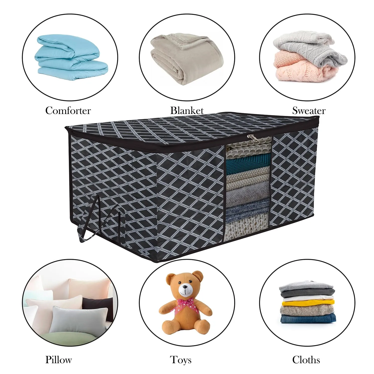 Kuber Industries Underbed Storage Bag | Clothes Storage Organizer | Blanket Cover with Clear Window | Zipper Closure & Handle Cloth Organizer | Check-Design | Large | Pack of 4 | Black