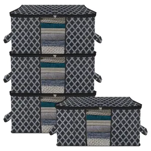 Kuber Industries Underbed Storage Bag | Clothes Storage Organizer | Blanket Cover with Clear Window | Zipper Closure & Handle Cloth Organizer | Check-Design | Large | Pack of 4 | Black