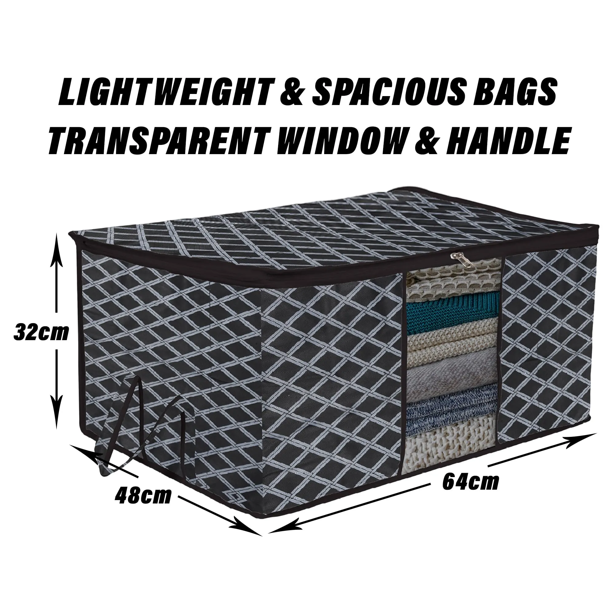 Kuber Industries Underbed Storage Bag | Clothes Storage Organizer | Blanket Cover with Clear Window | Zipper Closure & Handle Cloth Organizer | Check-Design | Large | Pack of 4 | Black