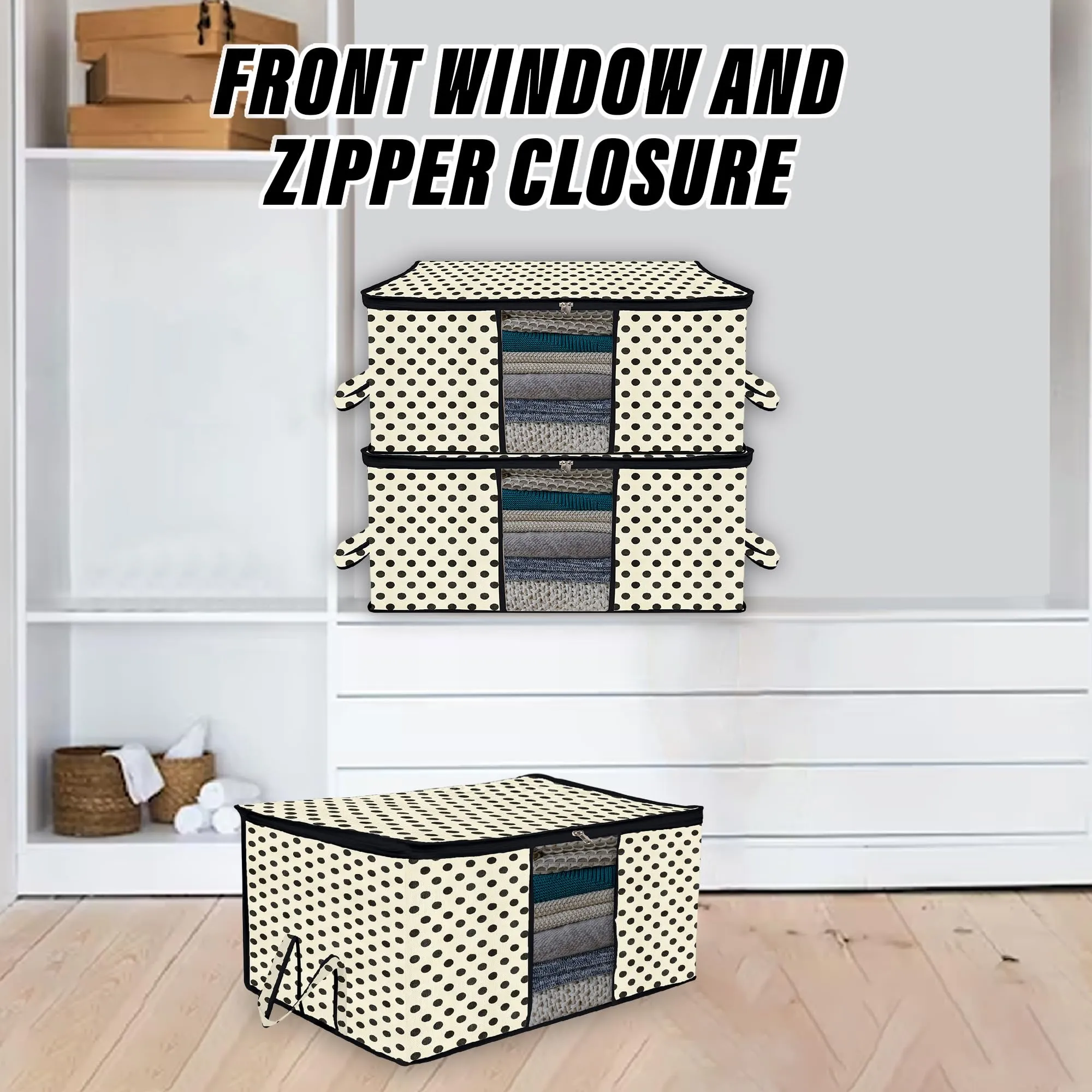 Kuber Industries Underbed Storage Bag | Clothes Storage Organizer | Blanket Cover with Clear Window | Zipper Closure & Handle Cloth Organizer | Dot-Design | Large | Pack of 4 | Cream