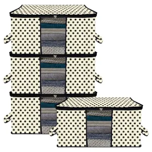 Kuber Industries Underbed Storage Bag | Clothes Storage Organizer | Blanket Cover with Clear Window | Zipper Closure & Handle Cloth Organizer | Dot-Design | Large | Pack of 4 | Cream