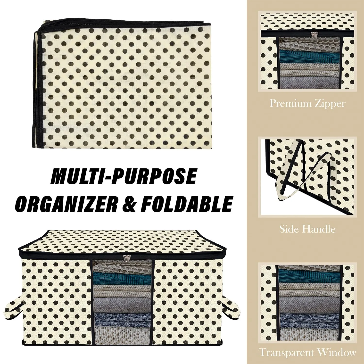 Kuber Industries Underbed Storage Bag | Clothes Storage Organizer | Blanket Cover with Clear Window | Zipper Closure & Handle Cloth Organizer | Dot-Design | Large | Pack of 4 | Cream