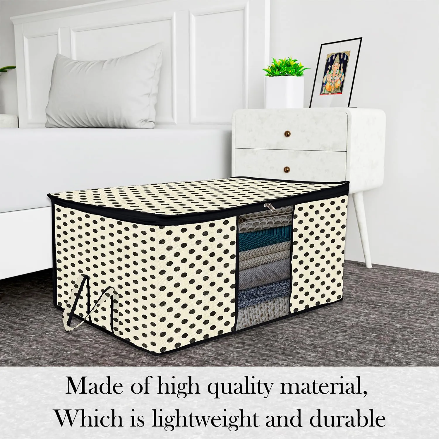 Kuber Industries Underbed Storage Bag | Clothes Storage Organizer | Blanket Cover with Clear Window | Zipper Closure & Handle Cloth Organizer | Dot-Design | Large | Pack of 4 | Cream