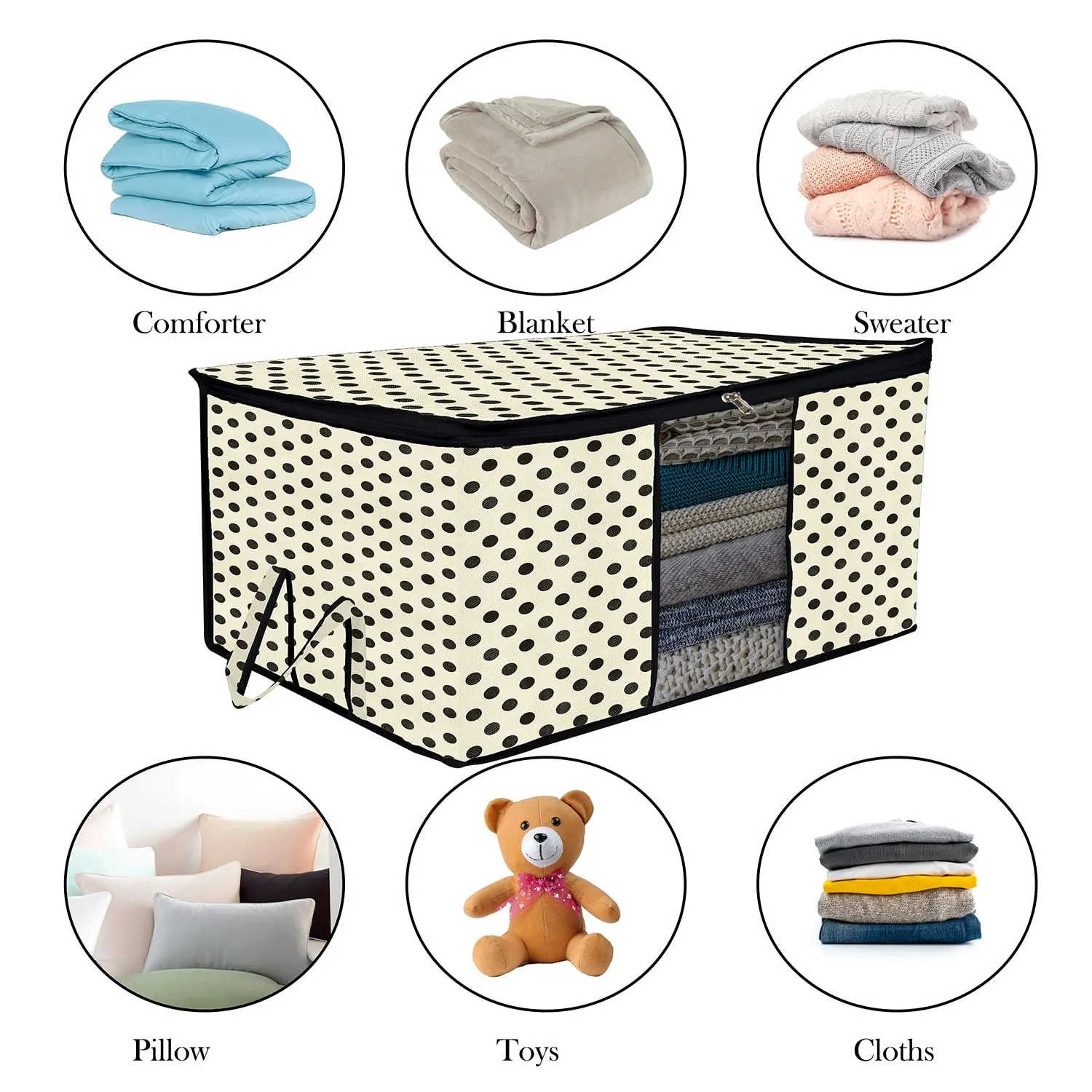 Kuber Industries Underbed Storage Bag | Clothes Storage Organizer | Blanket Cover with Clear Window | Zipper Closure & Handle Cloth Organizer | Dot-Design | Large | Pack of 4 | Cream