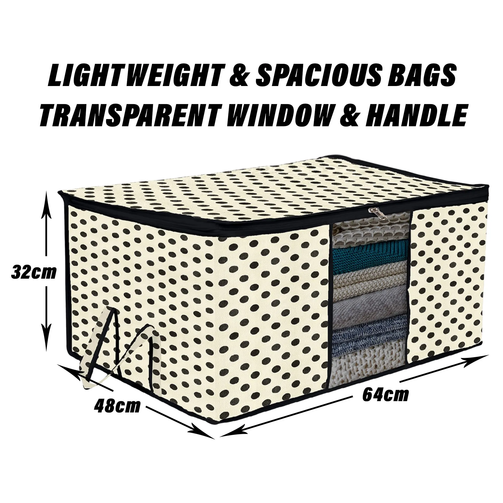 Kuber Industries Underbed Storage Bag | Clothes Storage Organizer | Blanket Cover with Clear Window | Zipper Closure & Handle Cloth Organizer | Dot-Design | Large | Pack of 4 | Cream