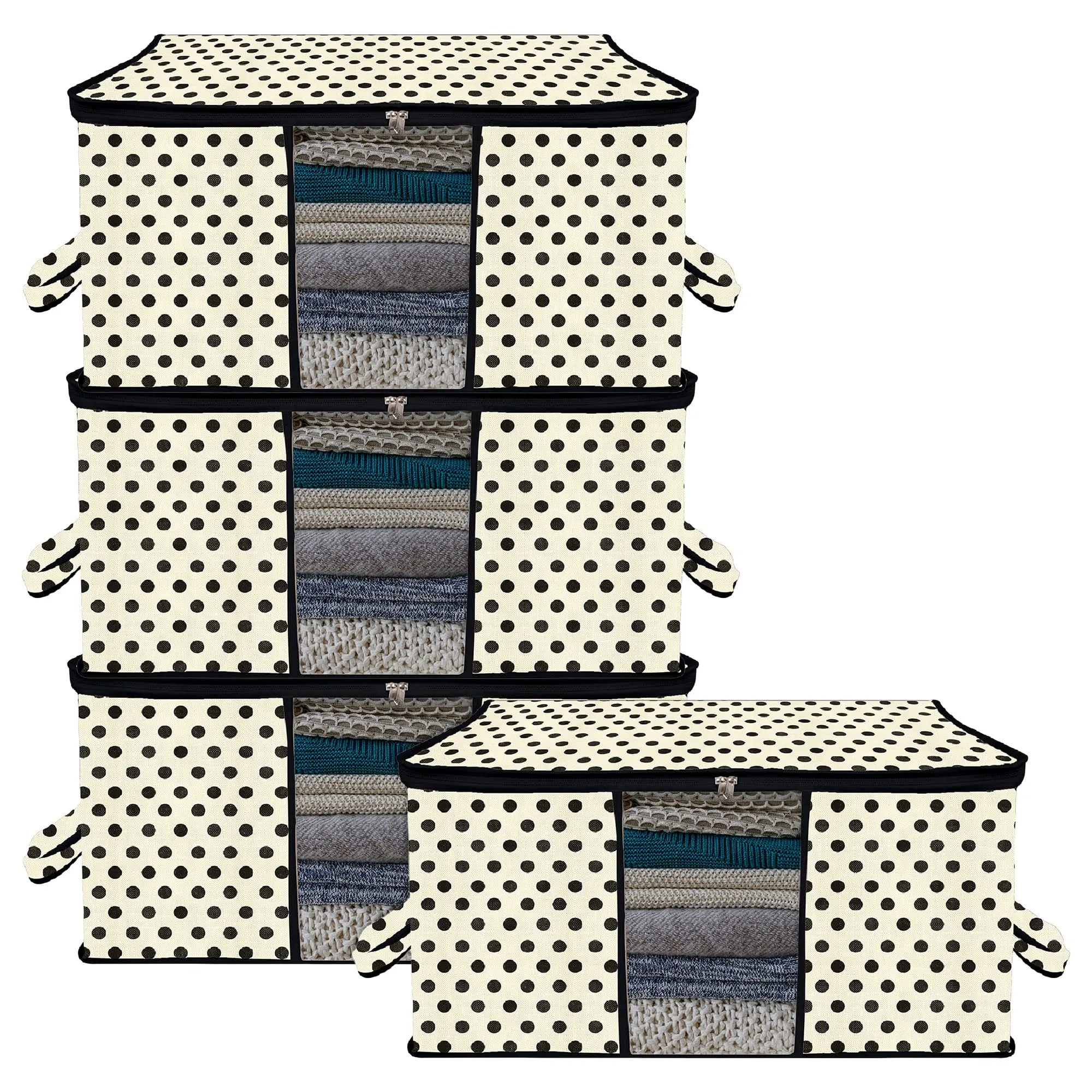 Kuber Industries Underbed Storage Bag | Clothes Storage Organizer | Blanket Cover with Clear Window | Zipper Closure & Handle Cloth Organizer | Dot-Design | Large | Pack of 4 | Cream
