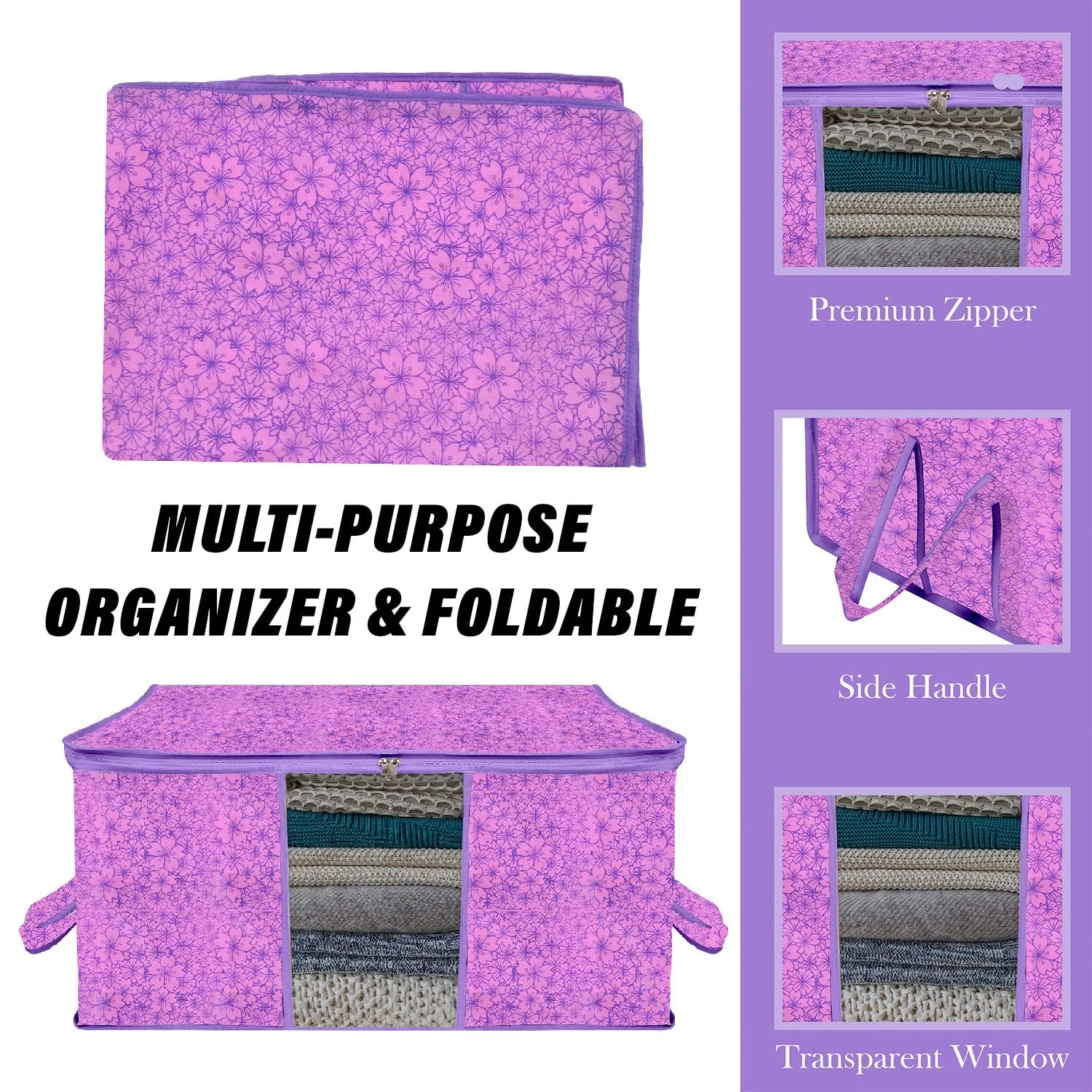 Kuber Industries Underbed Storage Bag | Clothes Storage Organizer | Blanket Cover with Clear Window | Zipper Closure & Handle Cloth Organizer | Flower-Design | Large | Pack of 2 | Purple
