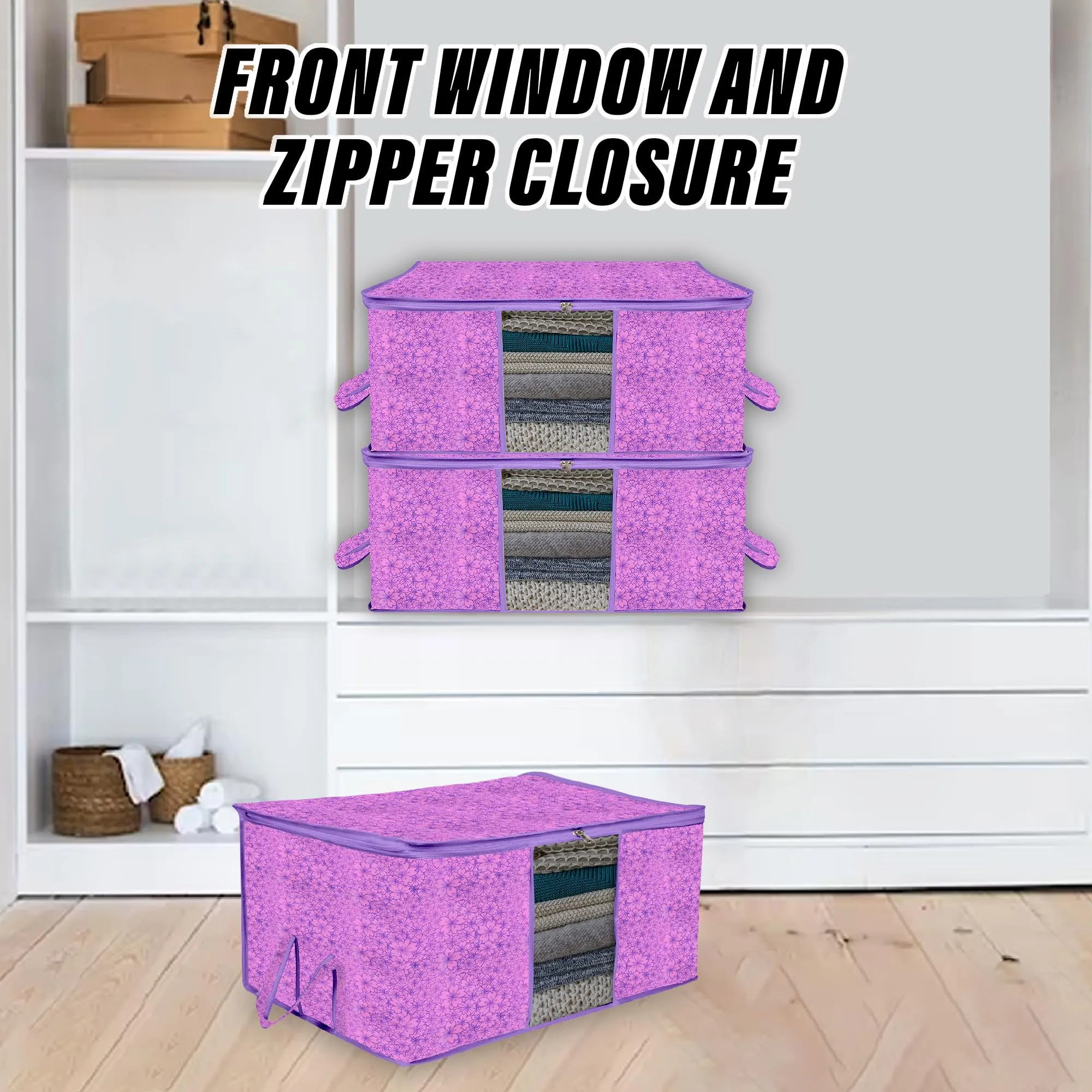 Kuber Industries Underbed Storage Bag | Clothes Storage Organizer | Blanket Cover with Clear Window | Zipper Closure & Handle Cloth Organizer | Flower-Design | Large | Pack of 2 | Purple