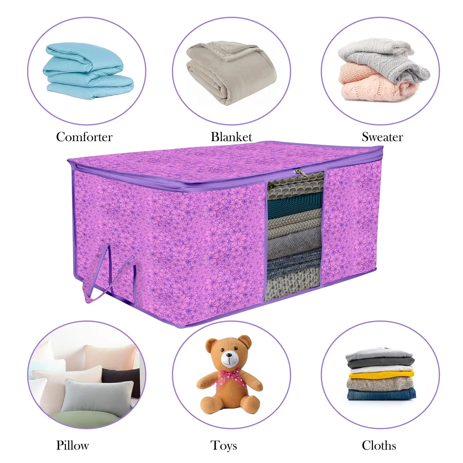 Kuber Industries Underbed Storage Bag | Clothes Storage Organizer | Blanket Cover with Clear Window | Zipper Closure & Handle Cloth Organizer | Flower-Design | Large | Pack of 2 | Purple