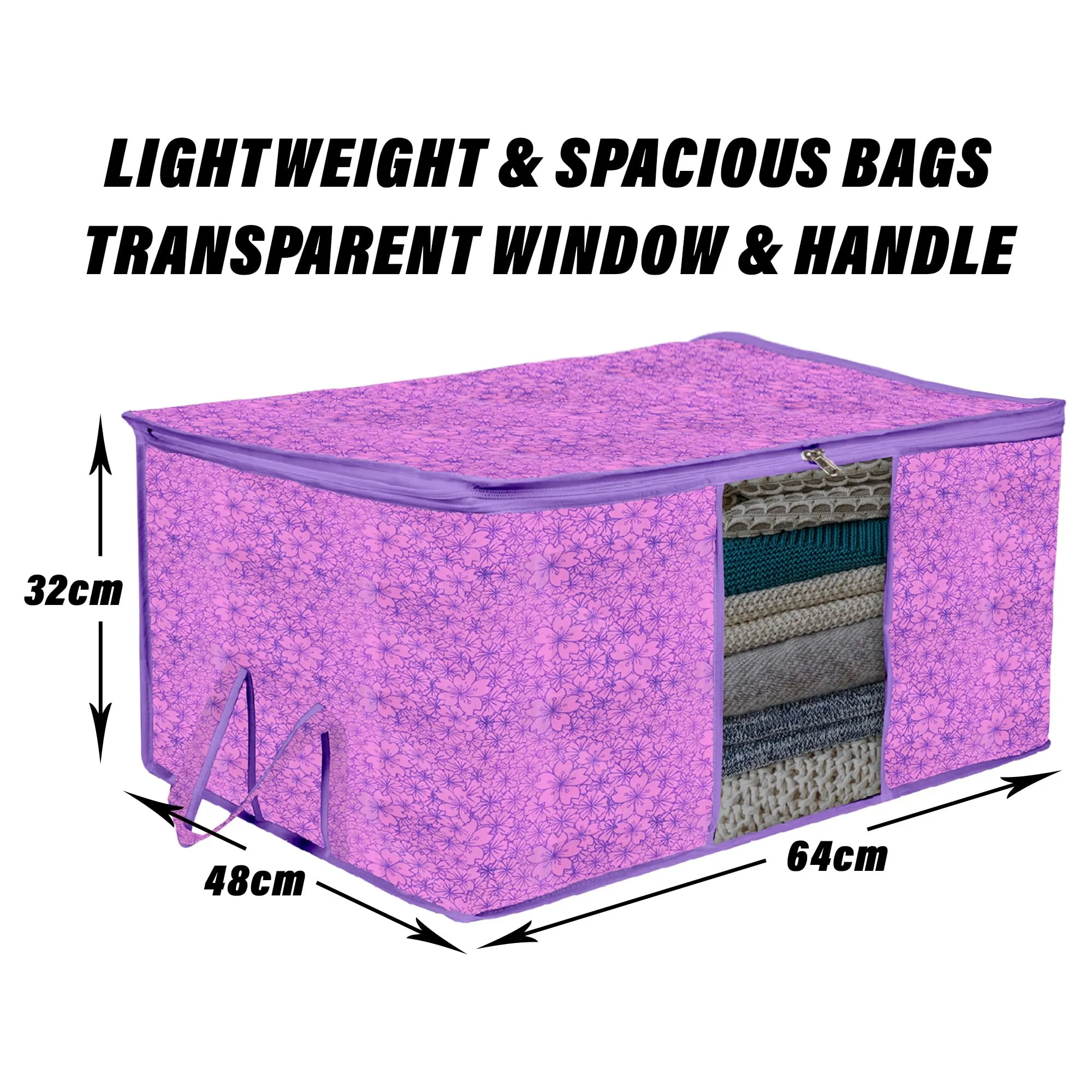 Kuber Industries Underbed Storage Bag | Clothes Storage Organizer | Blanket Cover with Clear Window | Zipper Closure & Handle Cloth Organizer | Flower-Design | Large | Pack of 2 | Purple