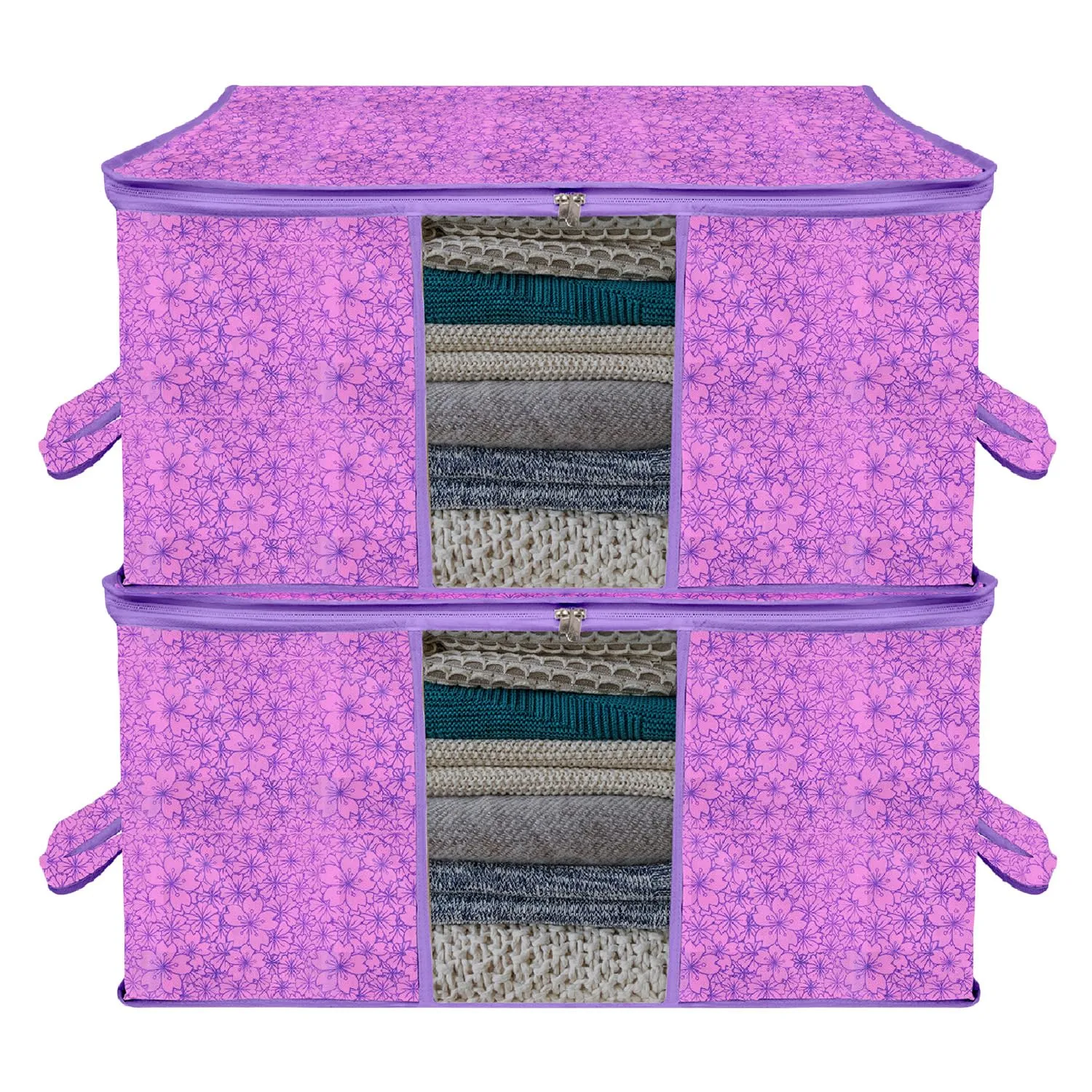 Kuber Industries Underbed Storage Bag | Clothes Storage Organizer | Blanket Cover with Clear Window | Zipper Closure & Handle Cloth Organizer | Flower-Design | Large | Pack of 2 | Purple