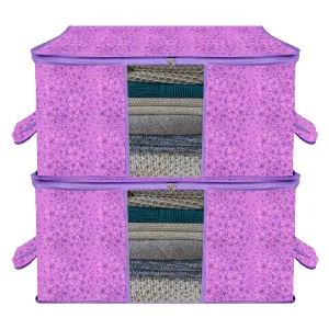 Kuber Industries Underbed Storage Bag | Clothes Storage Organizer | Blanket Cover with Clear Window | Zipper Closure & Handle Cloth Organizer | Flower-Design | Large | Pack of 2 | Purple