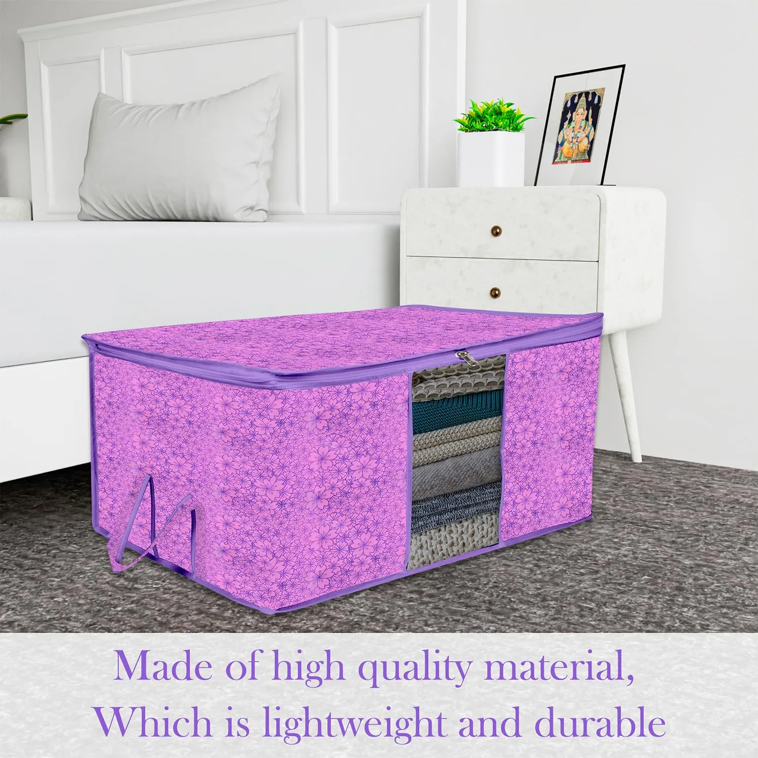 Kuber Industries Underbed Storage Bag | Clothes Storage Organizer | Blanket Cover with Clear Window | Zipper Closure & Handle Cloth Organizer | Flower-Design | Large | Pack of 2 | Purple
