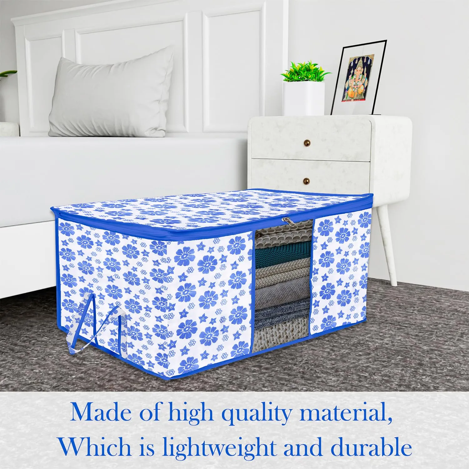 Kuber Industries Underbed Storage Bag | Clothes Storage Organizer | Blanket Cover with Clear Window | Zipper Closure & Handle Cloth Organizer | Flower-Design | Large | Pack of 3 | Blue