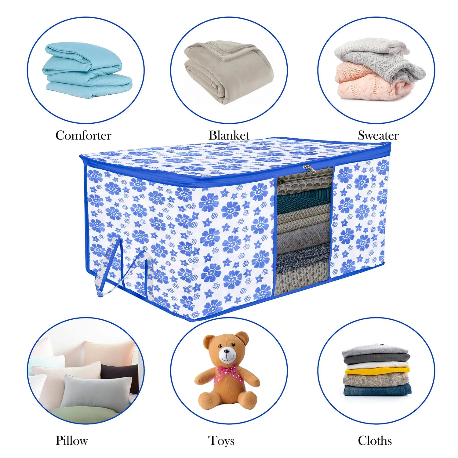 Kuber Industries Underbed Storage Bag | Clothes Storage Organizer | Blanket Cover with Clear Window | Zipper Closure & Handle Cloth Organizer | Flower-Design | Large | Pack of 3 | Blue