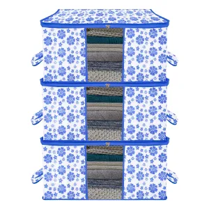 Kuber Industries Underbed Storage Bag | Clothes Storage Organizer | Blanket Cover with Clear Window | Zipper Closure & Handle Cloth Organizer | Flower-Design | Large | Pack of 3 | Blue