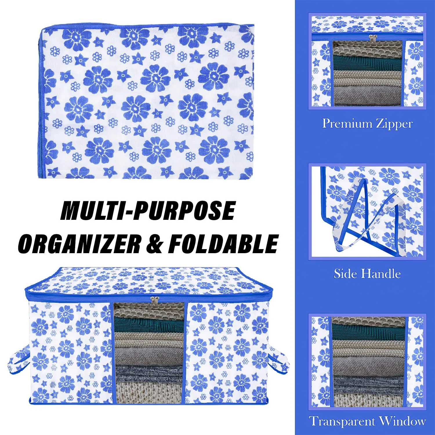 Kuber Industries Underbed Storage Bag | Clothes Storage Organizer | Blanket Cover with Clear Window | Zipper Closure & Handle Cloth Organizer | Flower-Design | Large | Pack of 3 | Blue