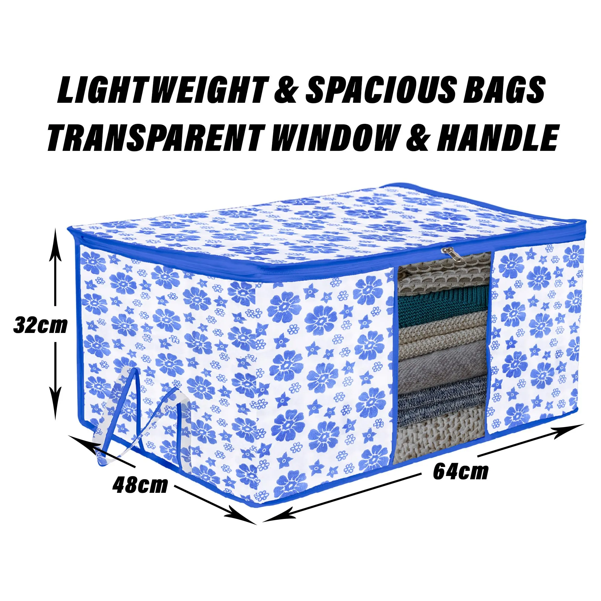 Kuber Industries Underbed Storage Bag | Clothes Storage Organizer | Blanket Cover with Clear Window | Zipper Closure & Handle Cloth Organizer | Flower-Design | Large | Pack of 3 | Blue