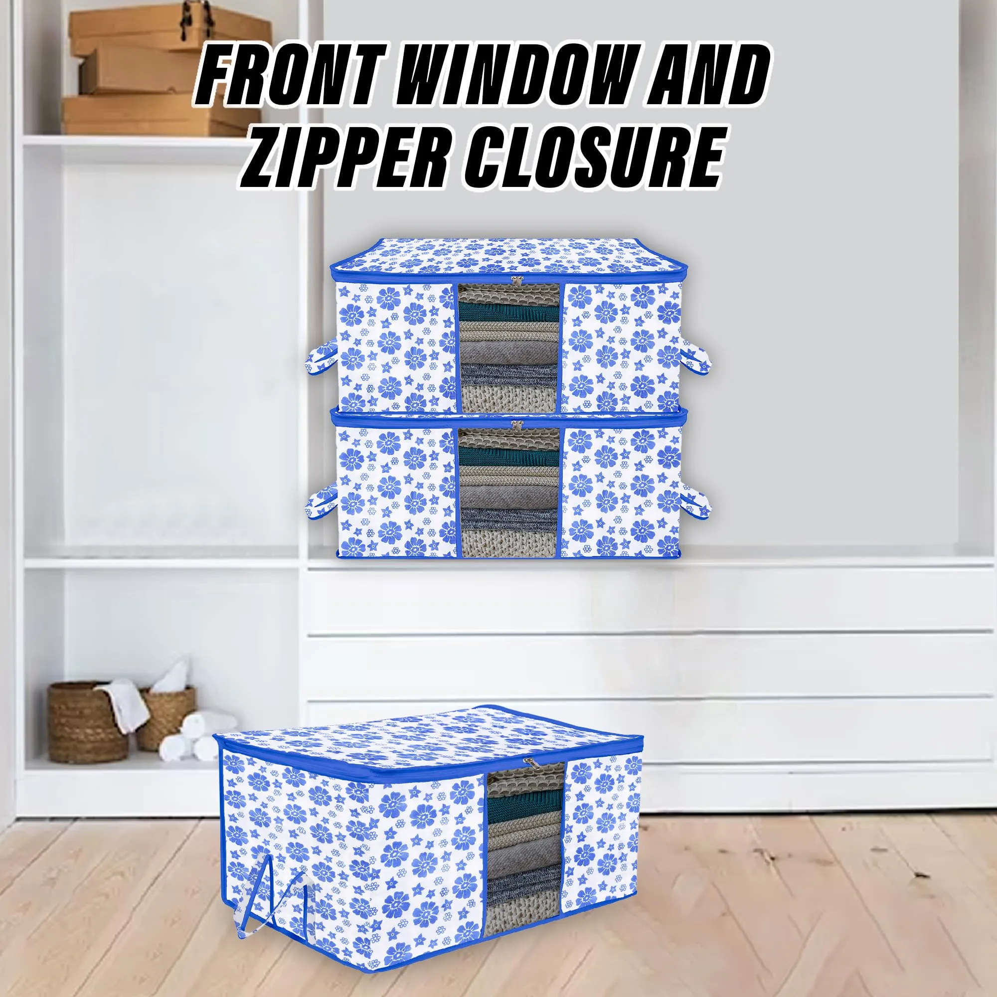 Kuber Industries Underbed Storage Bag | Clothes Storage Organizer | Blanket Cover with Clear Window | Zipper Closure & Handle Cloth Organizer | Flower-Design | Large | Pack of 3 | Blue