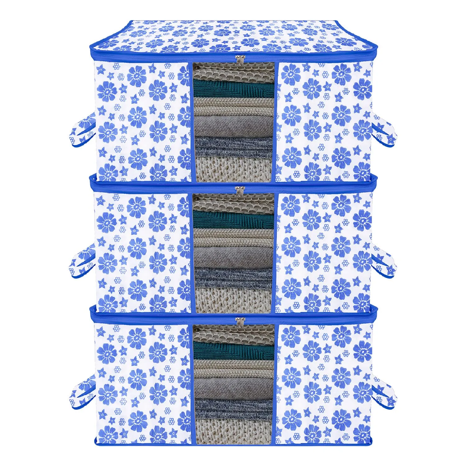 Kuber Industries Underbed Storage Bag | Clothes Storage Organizer | Blanket Cover with Clear Window | Zipper Closure & Handle Cloth Organizer | Flower-Design | Large | Pack of 3 | Blue