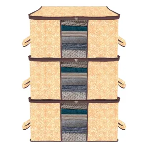 Kuber Industries Underbed Storage Bag | Clothes Storage Organizer | Blanket Cover with Clear Window | Zipper Closure & Handle Cloth Organizer | Flower-Design | Large | Pack of 3 | Brown