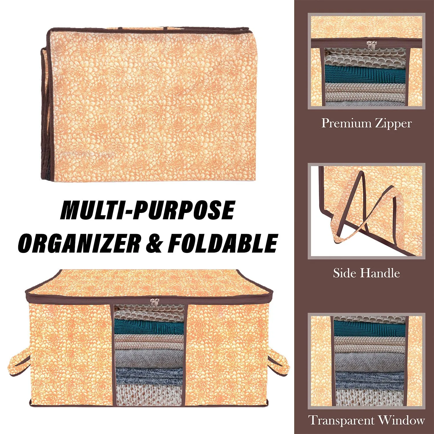 Kuber Industries Underbed Storage Bag | Clothes Storage Organizer | Blanket Cover with Clear Window | Zipper Closure & Handle Cloth Organizer | Flower-Design | Large | Pack of 3 | Brown