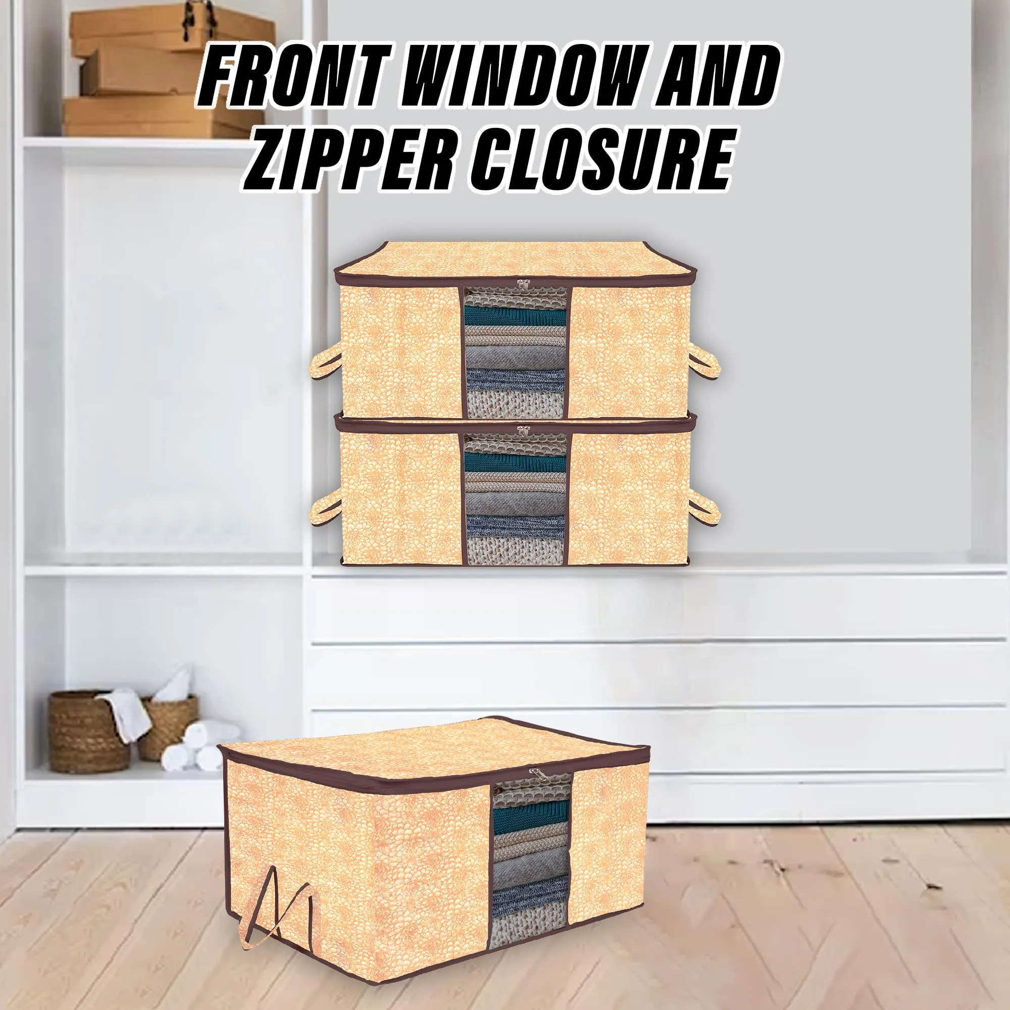 Kuber Industries Underbed Storage Bag | Clothes Storage Organizer | Blanket Cover with Clear Window | Zipper Closure & Handle Cloth Organizer | Flower-Design | Large | Pack of 3 | Brown