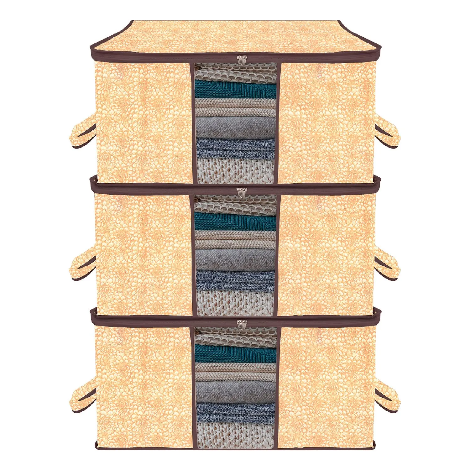 Kuber Industries Underbed Storage Bag | Clothes Storage Organizer | Blanket Cover with Clear Window | Zipper Closure & Handle Cloth Organizer | Flower-Design | Large | Pack of 3 | Brown