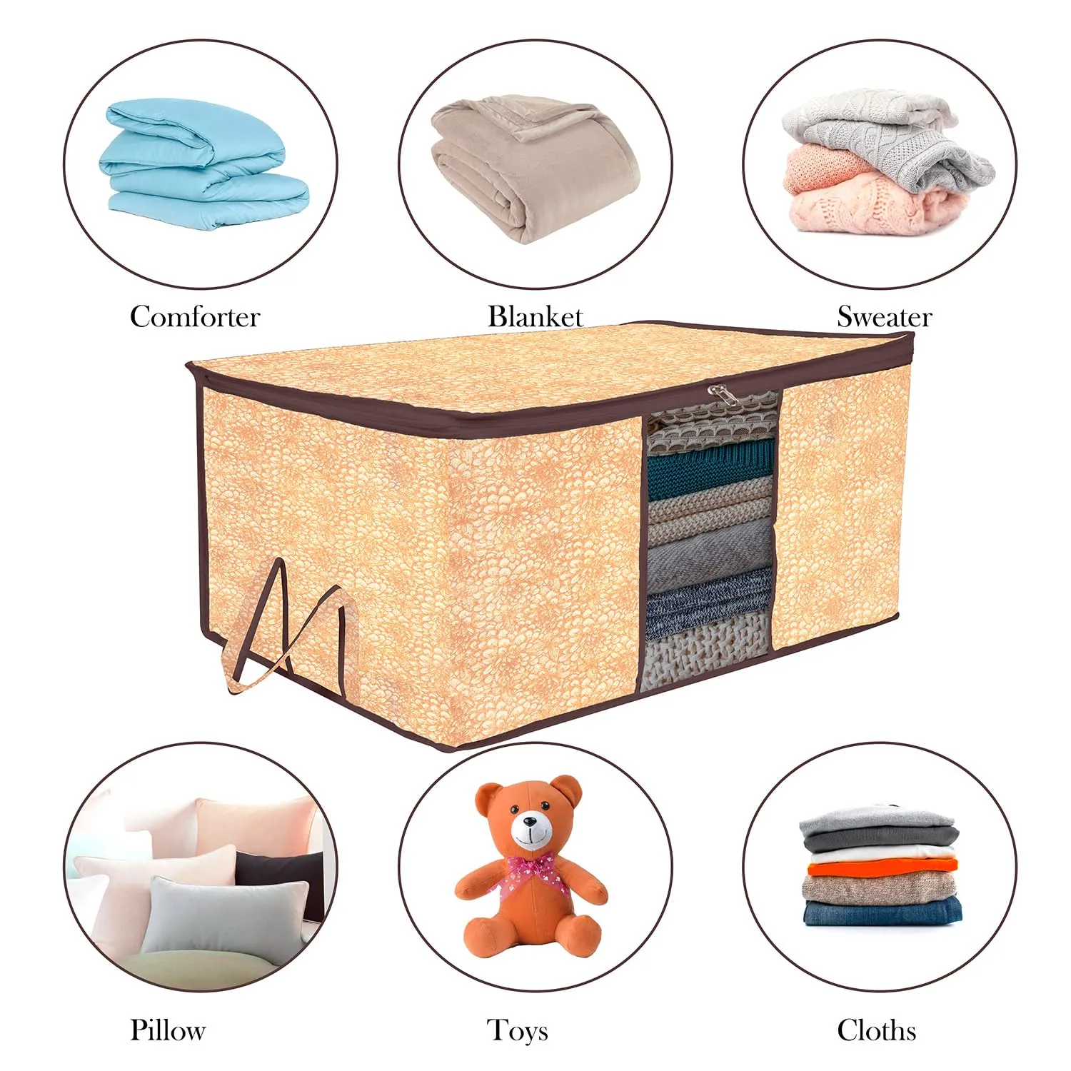 Kuber Industries Underbed Storage Bag | Clothes Storage Organizer | Blanket Cover with Clear Window | Zipper Closure & Handle Cloth Organizer | Flower-Design | Large | Pack of 3 | Brown