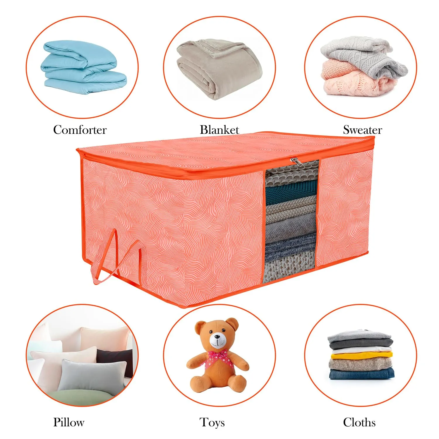 Kuber Industries Underbed Storage Bag | Clothes Storage Organizer | Blanket Cover with Clear Window | Zipper Closure & Handle Cloth Organizer | Lahariya-Design | Large | Pack of 4 | Orange