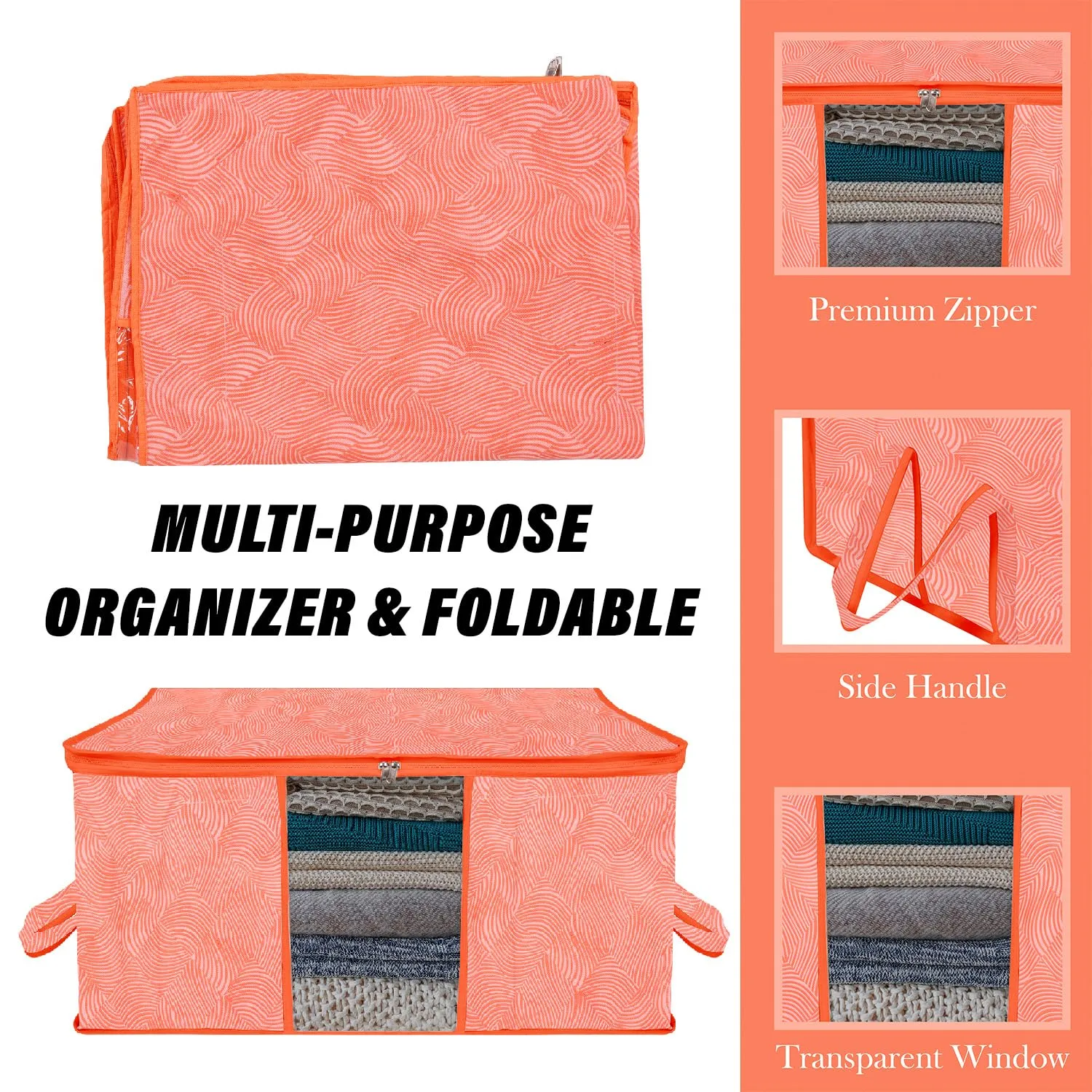 Kuber Industries Underbed Storage Bag | Clothes Storage Organizer | Blanket Cover with Clear Window | Zipper Closure & Handle Cloth Organizer | Lahariya-Design | Large | Pack of 4 | Orange