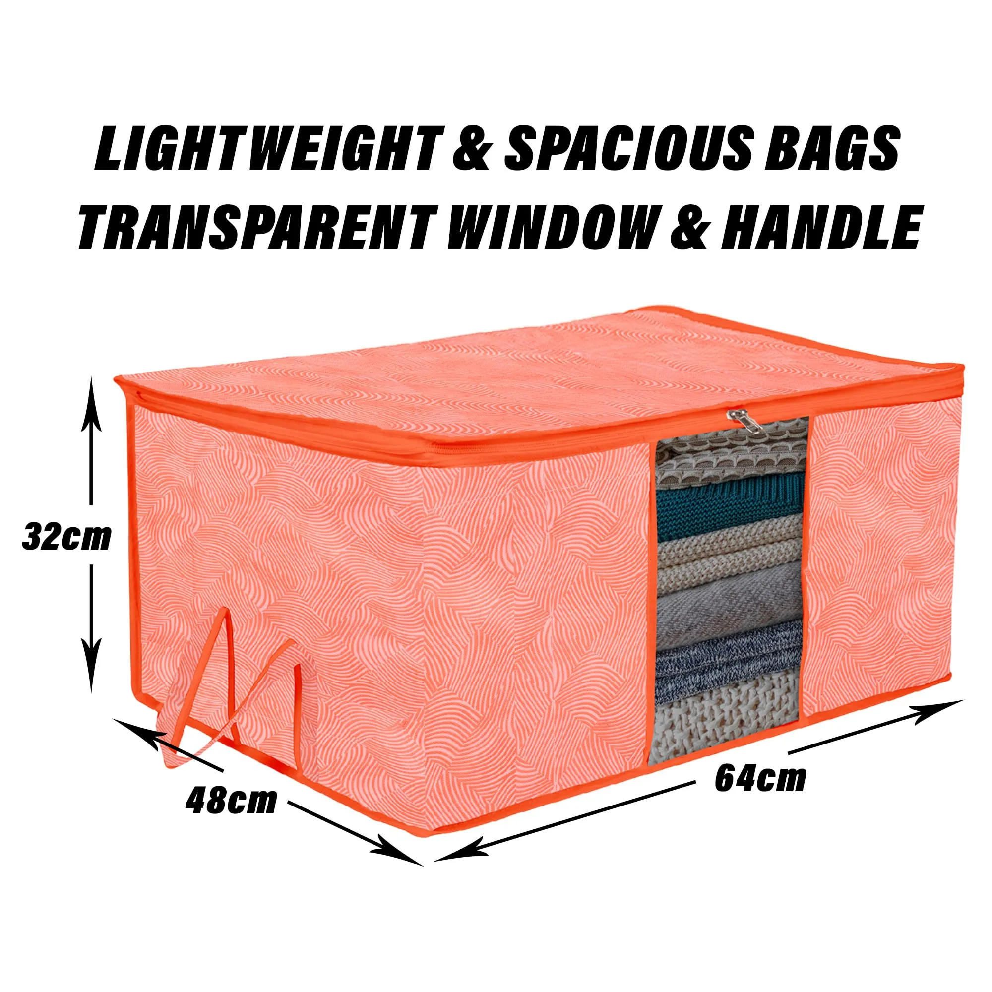 Kuber Industries Underbed Storage Bag | Clothes Storage Organizer | Blanket Cover with Clear Window | Zipper Closure & Handle Cloth Organizer | Lahariya-Design | Large | Pack of 4 | Orange