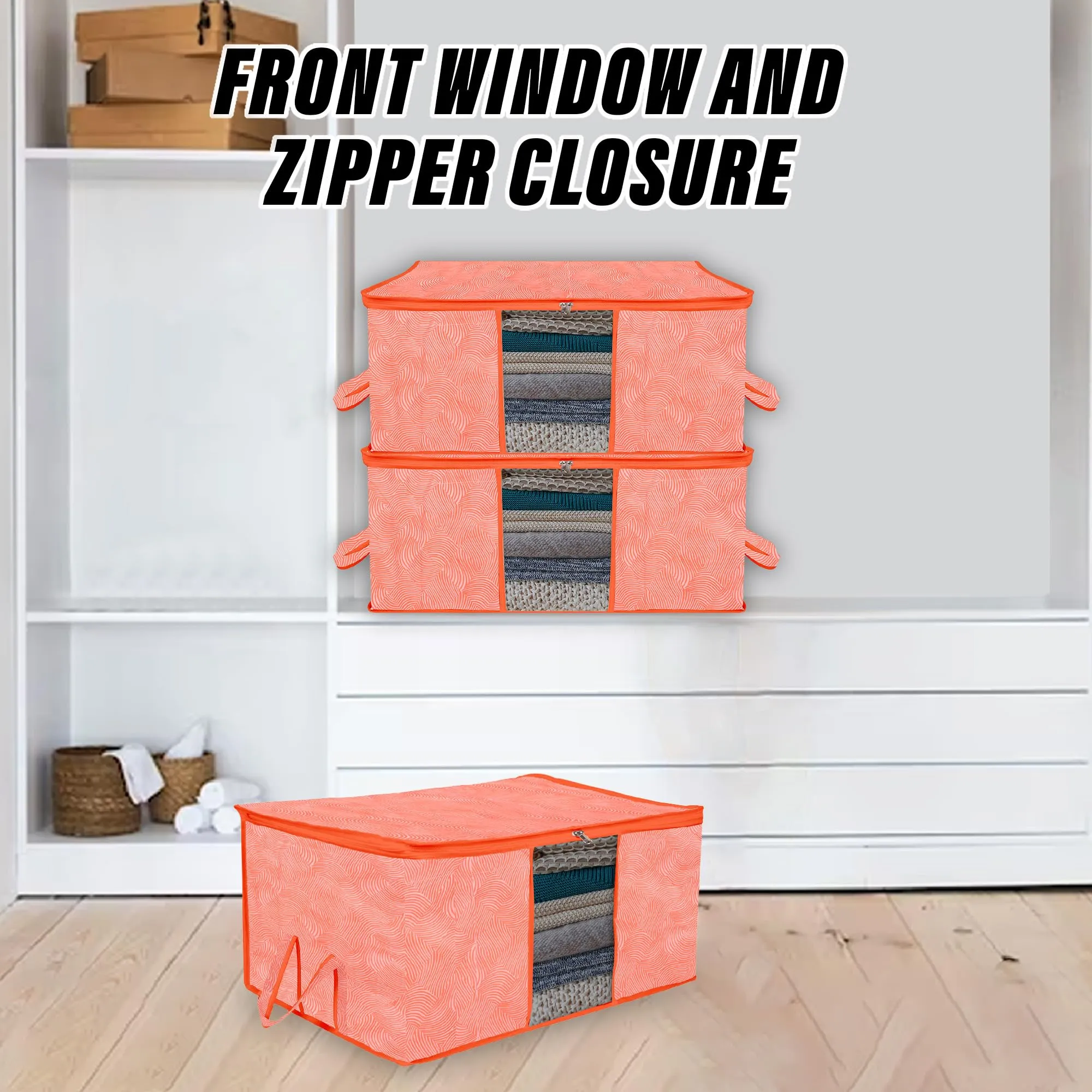 Kuber Industries Underbed Storage Bag | Clothes Storage Organizer | Blanket Cover with Clear Window | Zipper Closure & Handle Cloth Organizer | Lahariya-Design | Large | Pack of 4 | Orange
