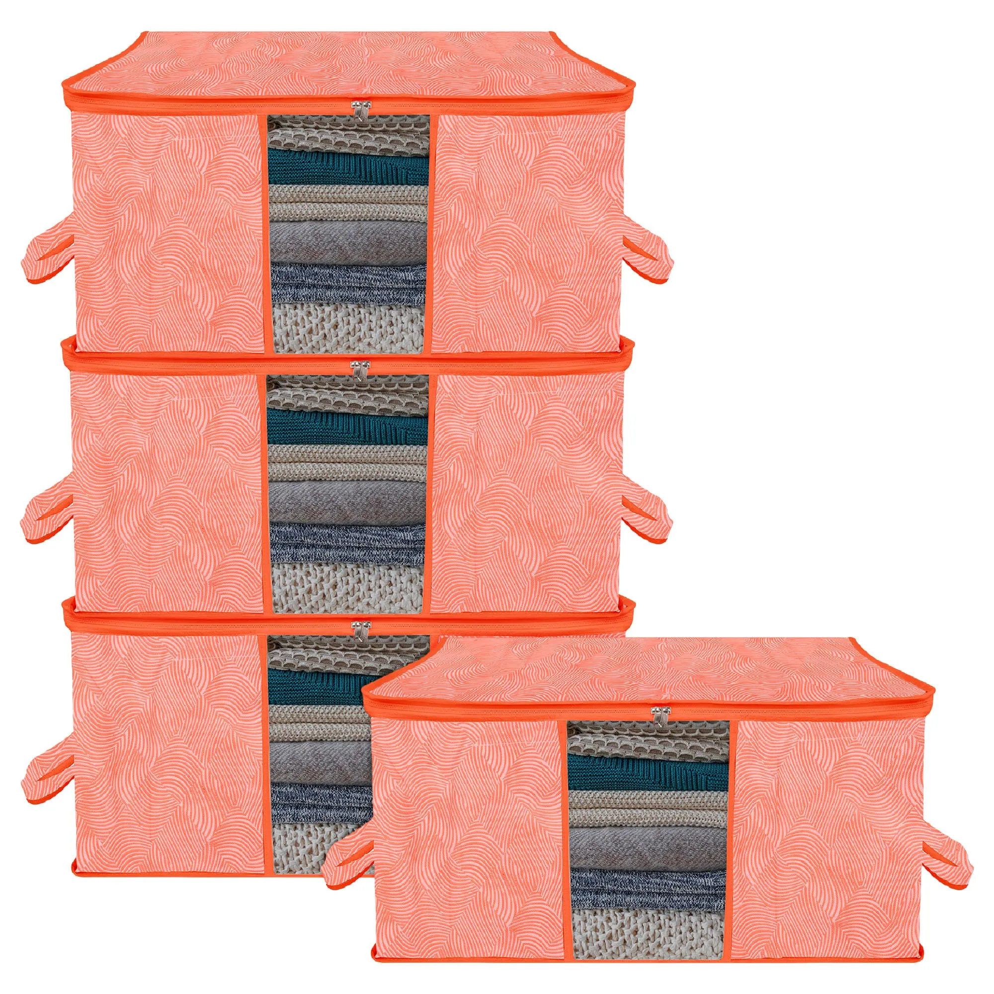 Kuber Industries Underbed Storage Bag | Clothes Storage Organizer | Blanket Cover with Clear Window | Zipper Closure & Handle Cloth Organizer | Lahariya-Design | Large | Pack of 4 | Orange