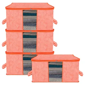 Kuber Industries Underbed Storage Bag | Clothes Storage Organizer | Blanket Cover with Clear Window | Zipper Closure & Handle Cloth Organizer | Lahariya-Design | Large | Pack of 4 | Orange