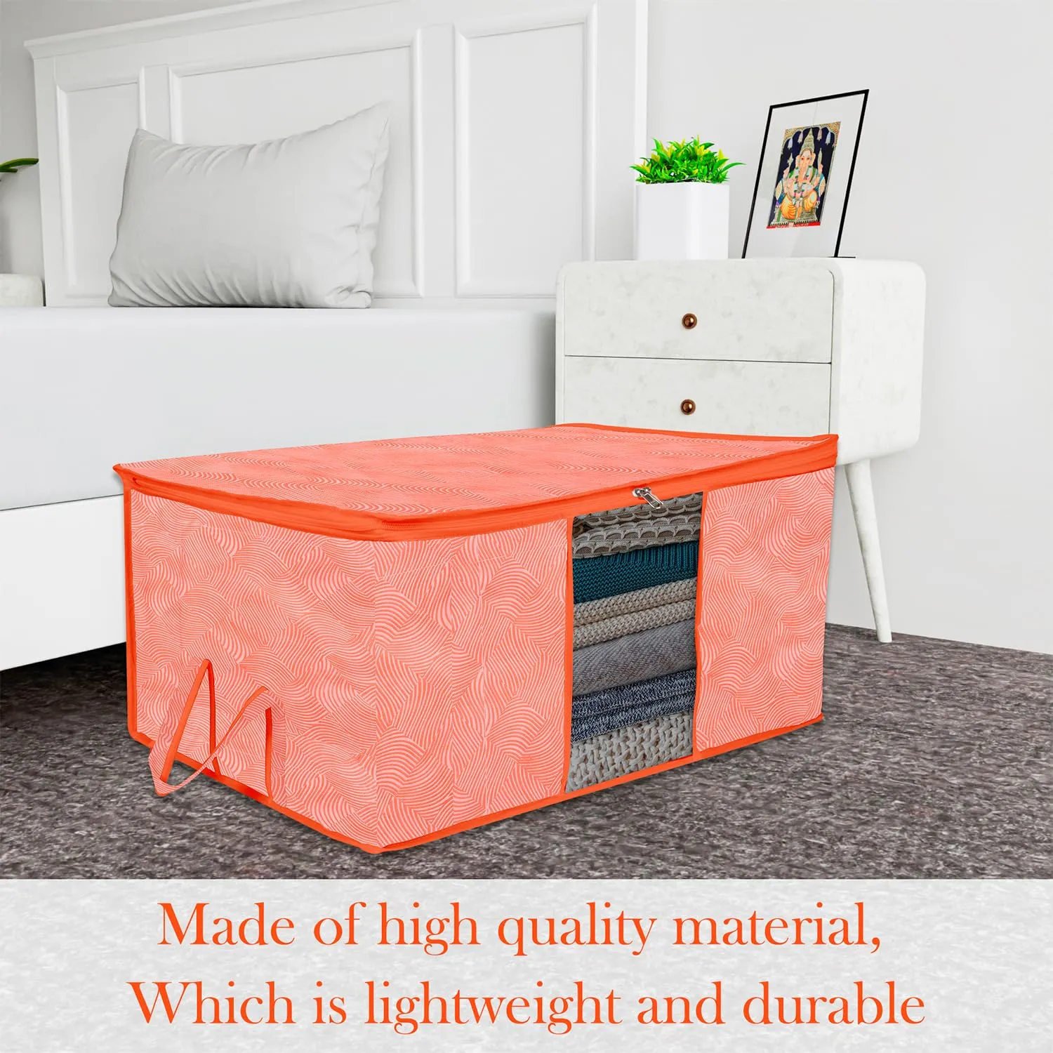 Kuber Industries Underbed Storage Bag | Clothes Storage Organizer | Blanket Cover with Clear Window | Zipper Closure & Handle Cloth Organizer | Lahariya-Design | Large | Pack of 4 | Orange
