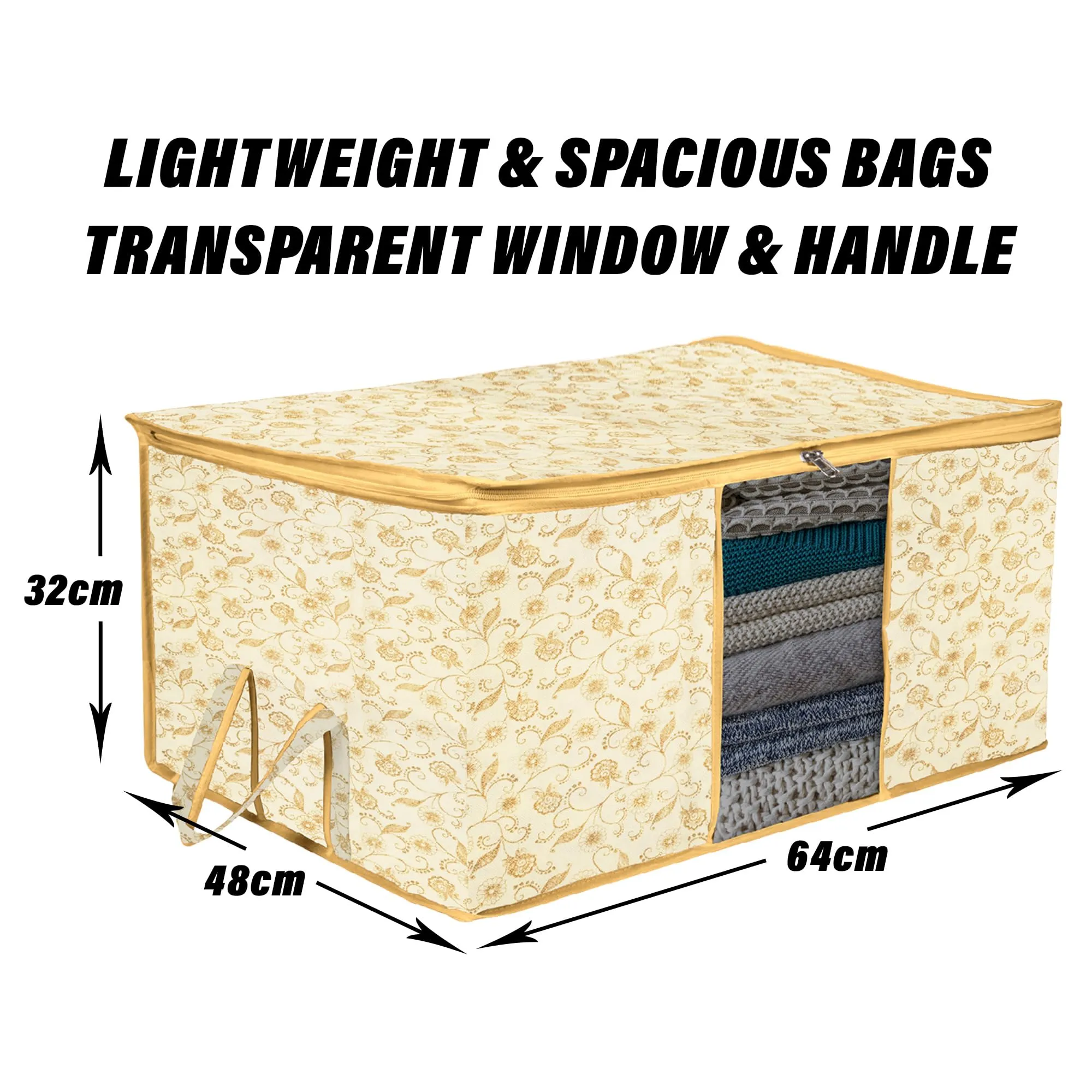 Kuber Industries Underbed Storage Bag | Clothes Storage Organizer | Blanket Cover with Clear Window | Zipper Closure & Handle Cloth Organizer | Leaf-Design | Large | Pack of 2 | Cream