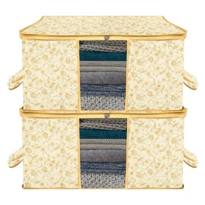 Kuber Industries Underbed Storage Bag | Clothes Storage Organizer | Blanket Cover with Clear Window | Zipper Closure & Handle Cloth Organizer | Leaf-Design | Large | Pack of 2 | Cream