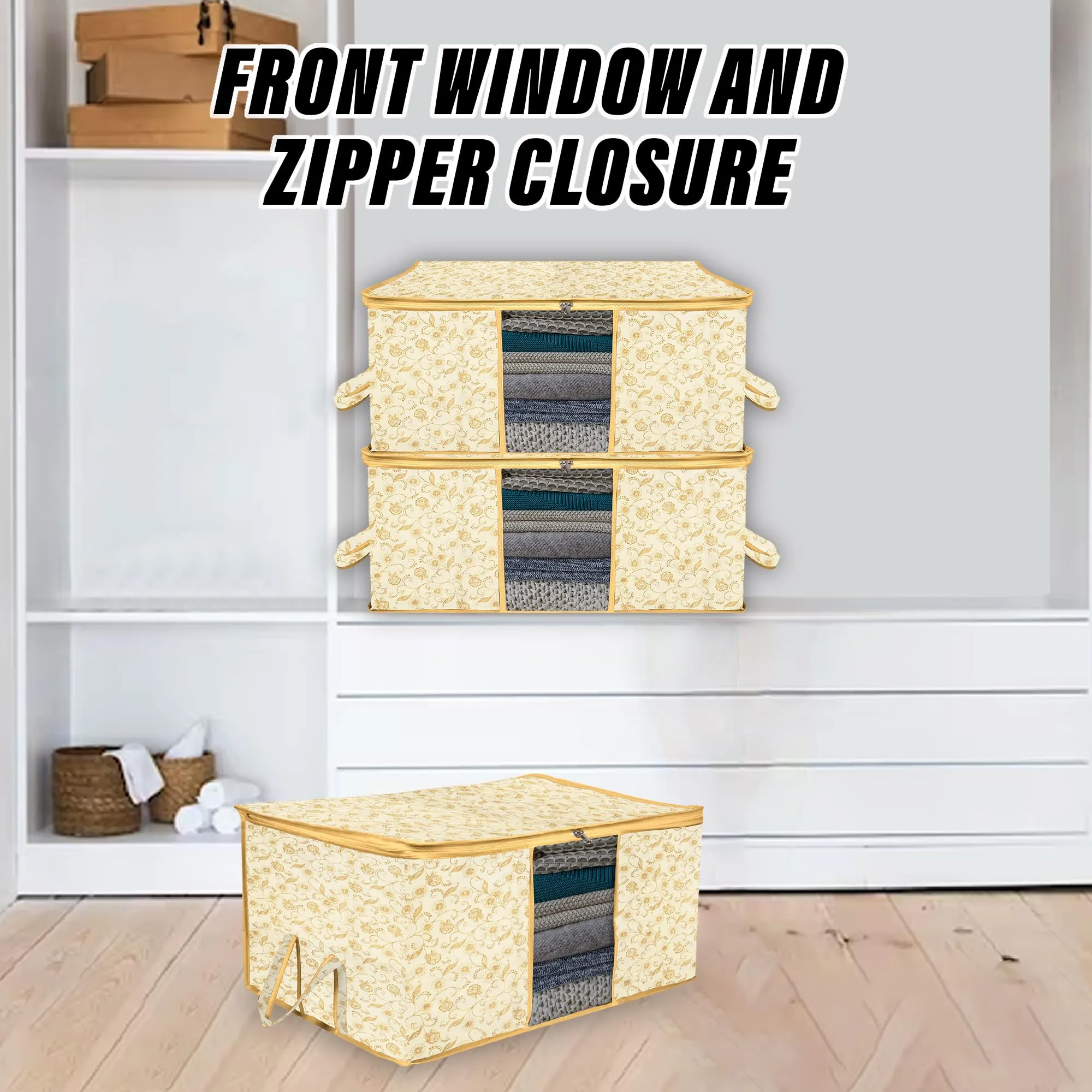 Kuber Industries Underbed Storage Bag | Clothes Storage Organizer | Blanket Cover with Clear Window | Zipper Closure & Handle Cloth Organizer | Leaf-Design | Large | Pack of 2 | Cream