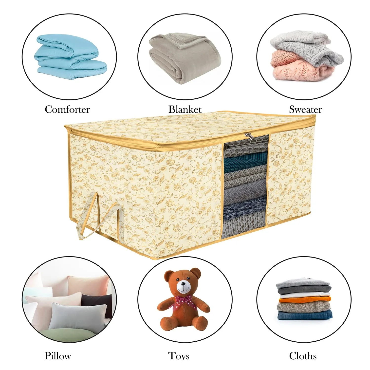 Kuber Industries Underbed Storage Bag | Clothes Storage Organizer | Blanket Cover with Clear Window | Zipper Closure & Handle Cloth Organizer | Leaf-Design | Large | Pack of 2 | Cream
