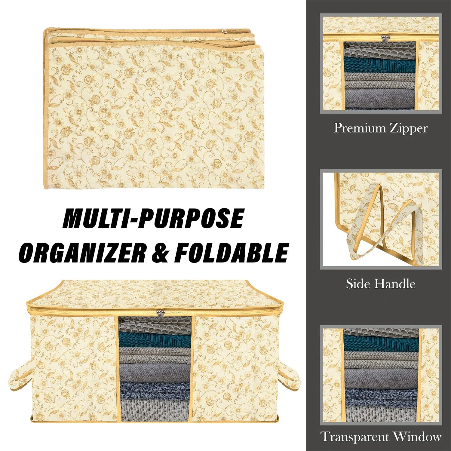 Kuber Industries Underbed Storage Bag | Clothes Storage Organizer | Blanket Cover with Clear Window | Zipper Closure & Handle Cloth Organizer | Leaf-Design | Large | Pack of 2 | Cream