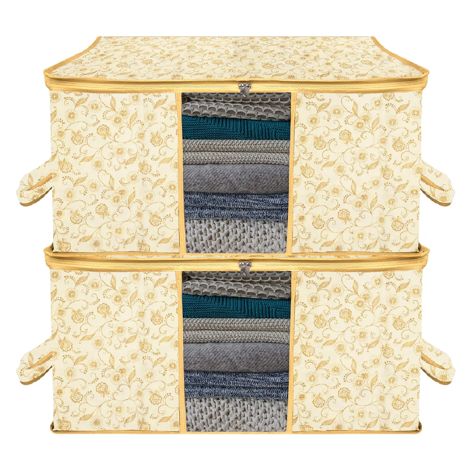 Kuber Industries Underbed Storage Bag | Clothes Storage Organizer | Blanket Cover with Clear Window | Zipper Closure & Handle Cloth Organizer | Leaf-Design | Large | Pack of 2 | Cream