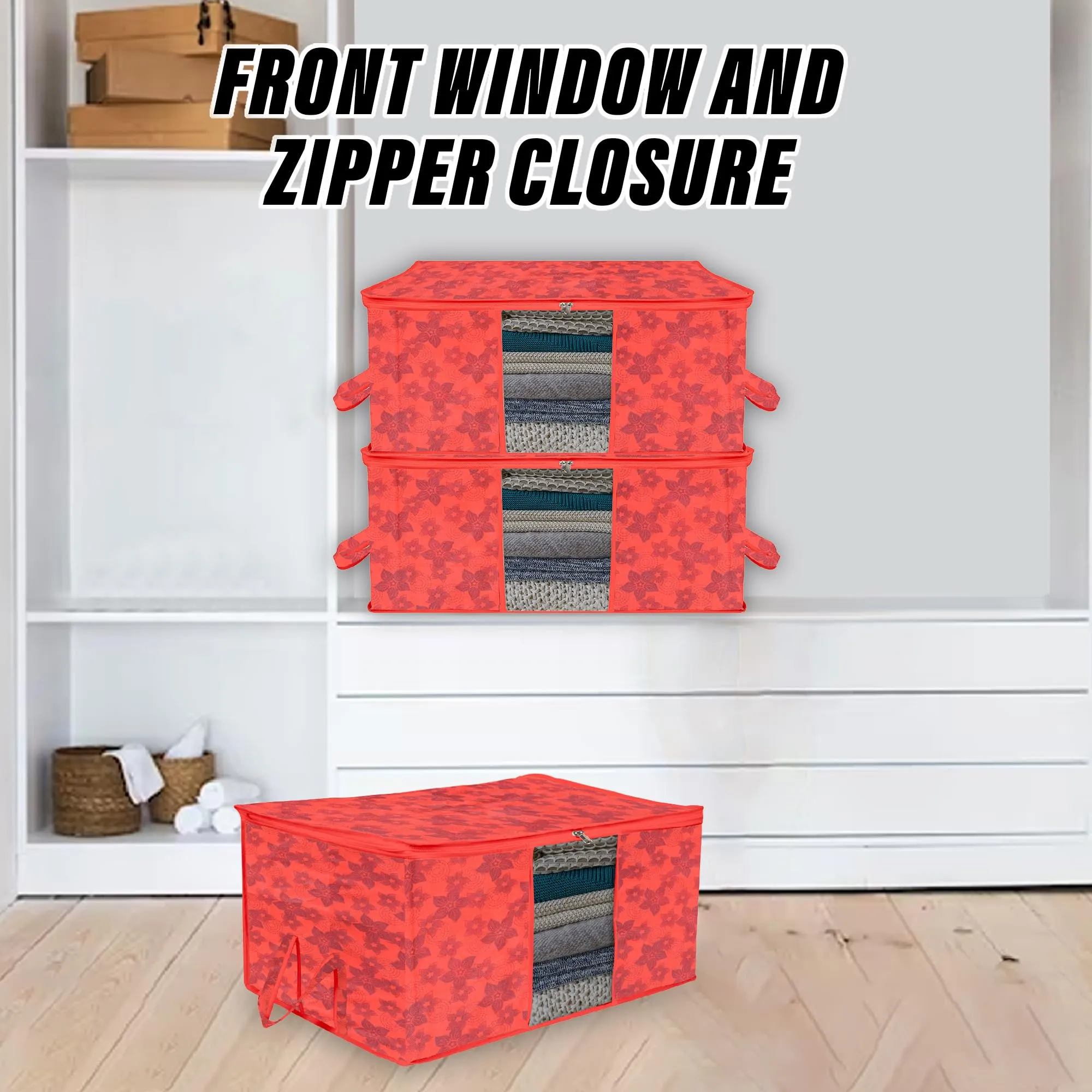 Kuber Industries Underbed Storage Bag | Clothes Storage Organizer | Blanket Cover with Clear Window | Zipper Closure & Handle Cloth Organizer | New Flower-Design | Large | Pack of 4 | Red