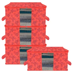Kuber Industries Underbed Storage Bag | Clothes Storage Organizer | Blanket Cover with Clear Window | Zipper Closure & Handle Cloth Organizer | New Flower-Design | Large | Pack of 4 | Red