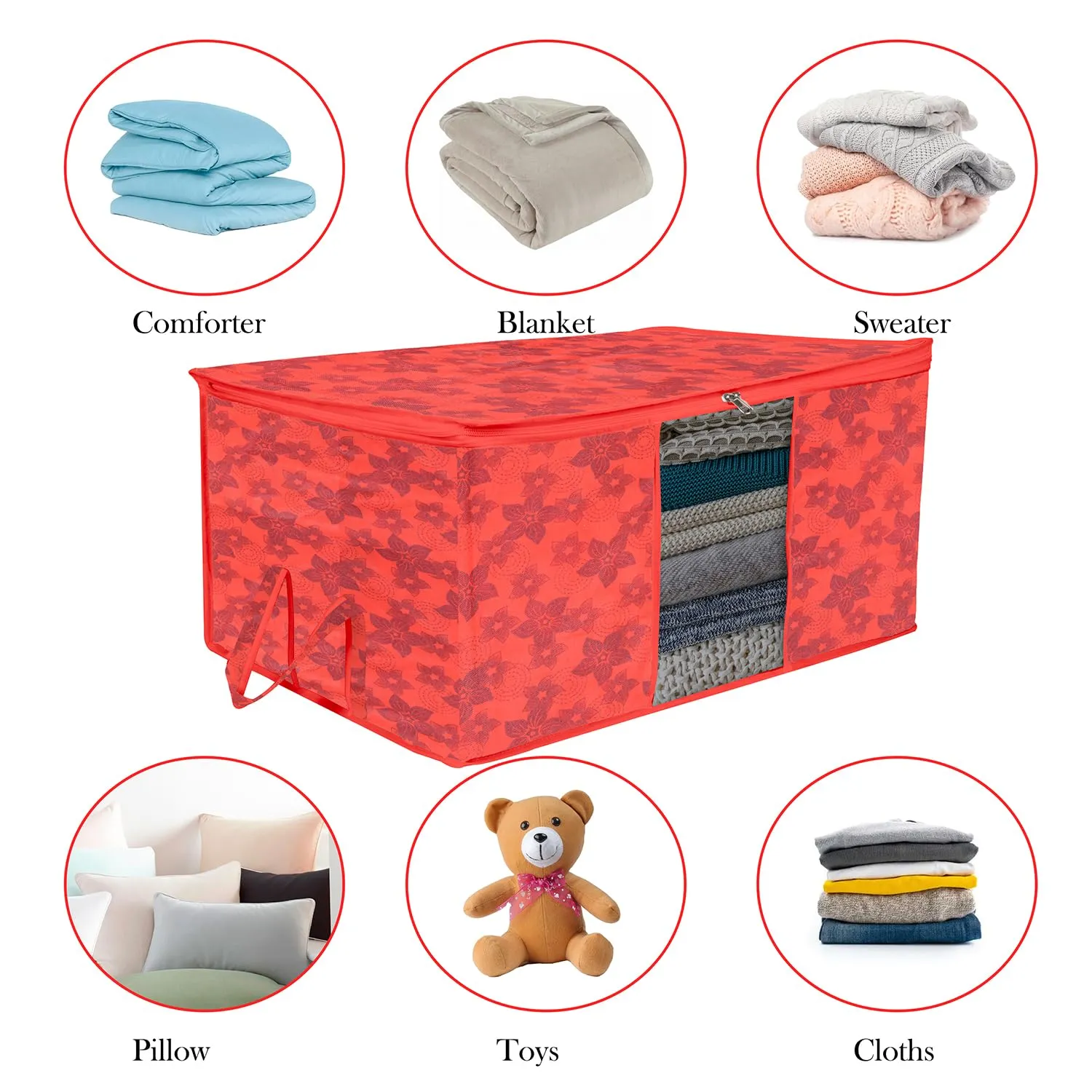 Kuber Industries Underbed Storage Bag | Clothes Storage Organizer | Blanket Cover with Clear Window | Zipper Closure & Handle Cloth Organizer | New Flower-Design | Large | Pack of 4 | Red