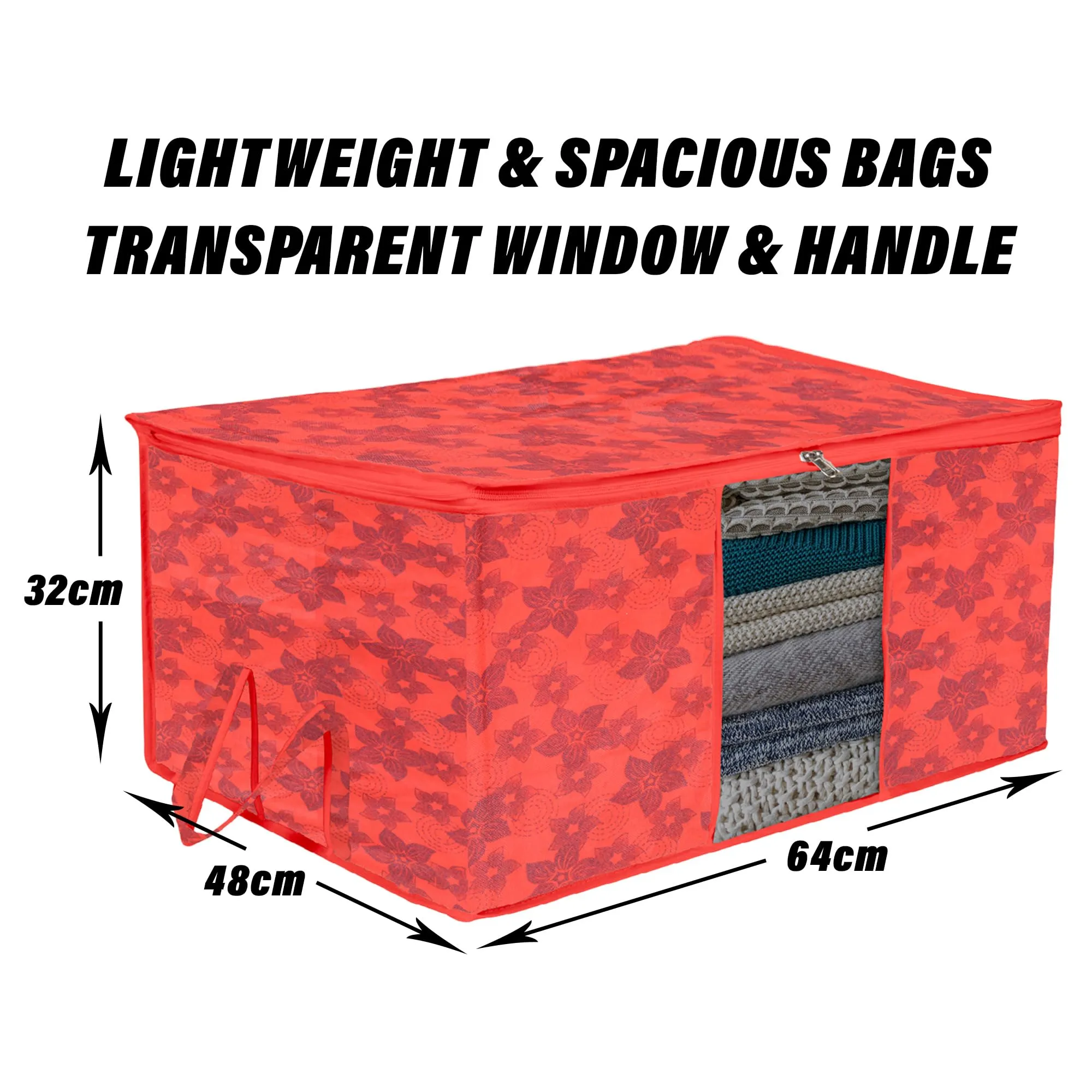 Kuber Industries Underbed Storage Bag | Clothes Storage Organizer | Blanket Cover with Clear Window | Zipper Closure & Handle Cloth Organizer | New Flower-Design | Large | Pack of 4 | Red