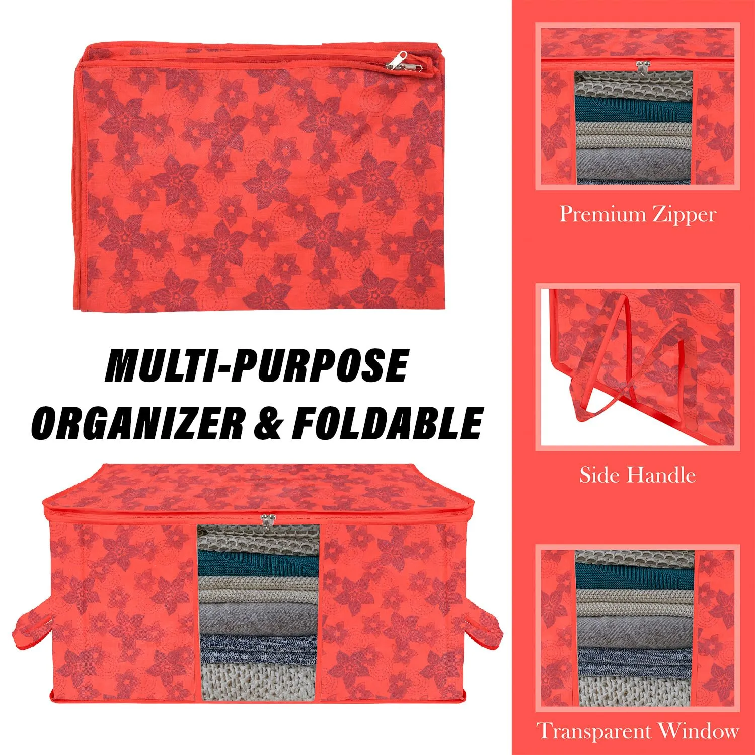 Kuber Industries Underbed Storage Bag | Clothes Storage Organizer | Blanket Cover with Clear Window | Zipper Closure & Handle Cloth Organizer | New Flower-Design | Large | Pack of 4 | Red
